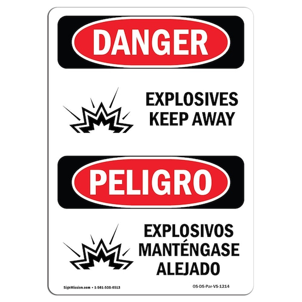 Safety Sign, OSHA Danger, 24" Height, Aluminum, Explosives Keep Away Bilingual Spanish